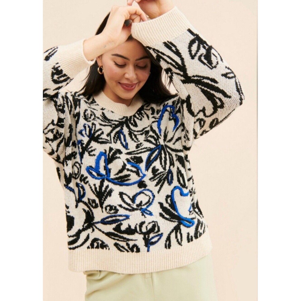 Anthropologie Embroidered Floral Pop Wool Sweater Pullover Crewneck NEW Sz XS